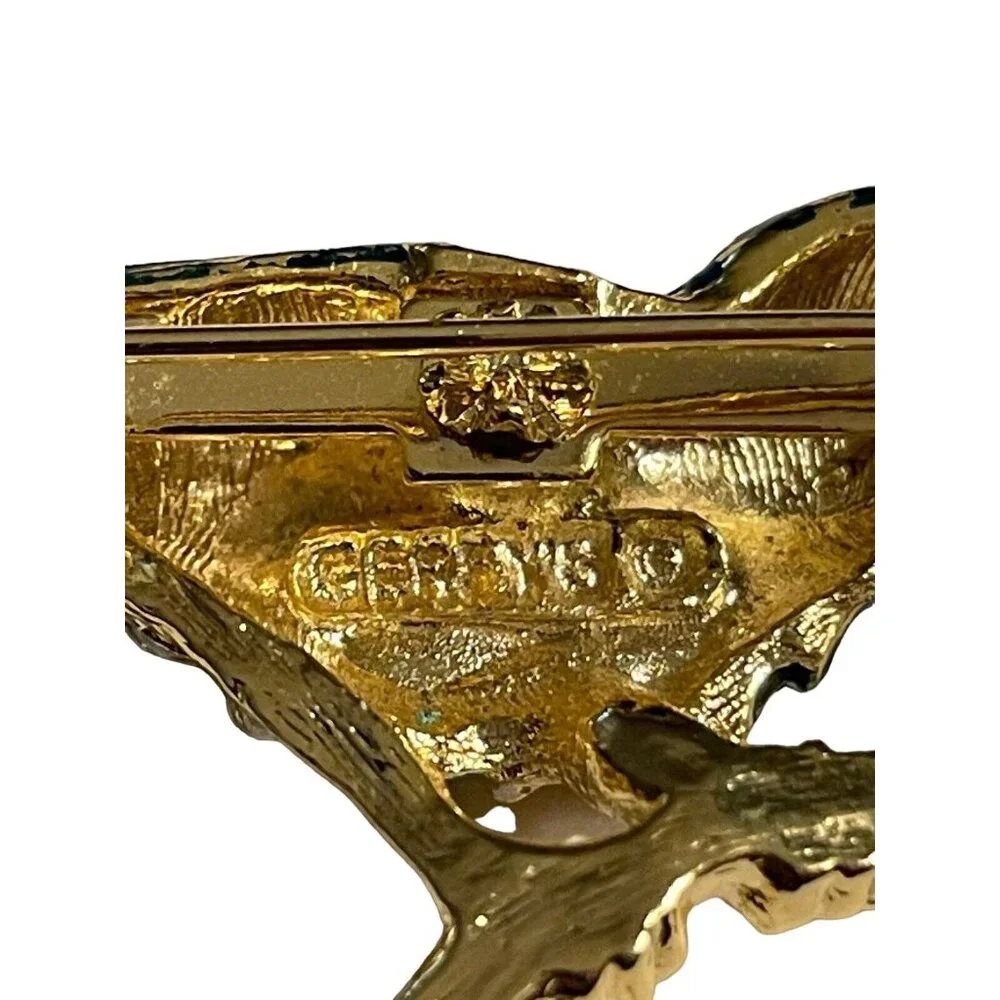 Gerry's Vintage Bird on Branch Brooch Pin‎ Gold Tone Enameled Blue White Read